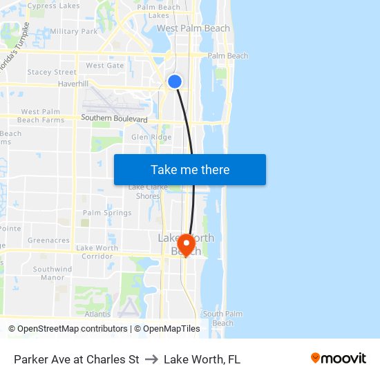 Parker Ave at Charles St to Lake Worth, FL map