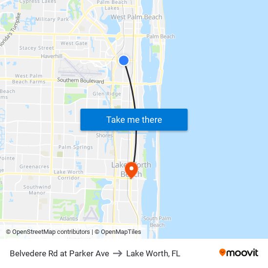 Belvedere Rd at  Parker Ave to Lake Worth, FL map