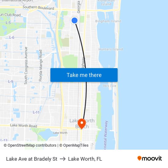 Lake Ave at Bradely St to Lake Worth, FL map