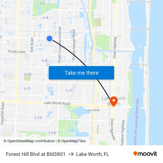 Forest Hill Blvd at Bld3801 to Lake Worth, FL map