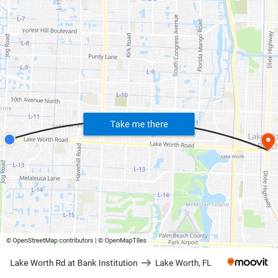 Lake Worth Rd at Bank Institution to Lake Worth, FL map