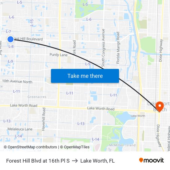 Forest Hill Blvd at 16th Pl S to Lake Worth, FL map