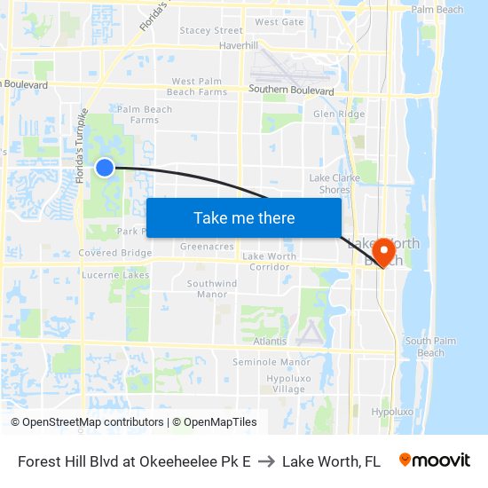 Forest Hill Blvd at Okeeheelee Pk E to Lake Worth, FL map