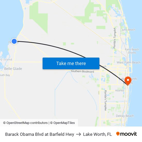 Barack Obama Blvd at Barfield Hwy to Lake Worth, FL map