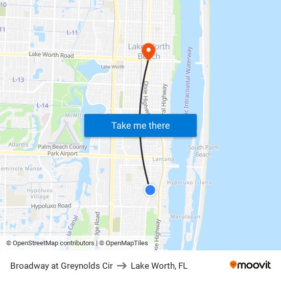 Broadway at Greynolds Cir to Lake Worth, FL map