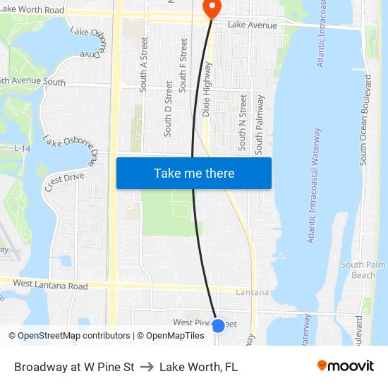 Broadway at W Pine St to Lake Worth, FL map