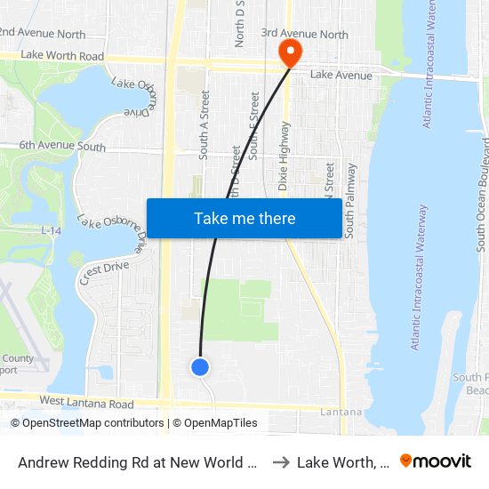 Andrew Redding Rd at New World Ave to Lake Worth, FL map