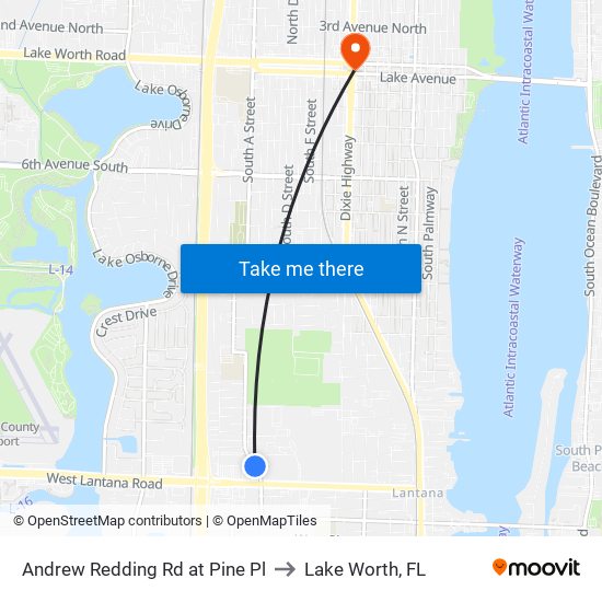 Andrew Redding Rd at Pine Pl to Lake Worth, FL map
