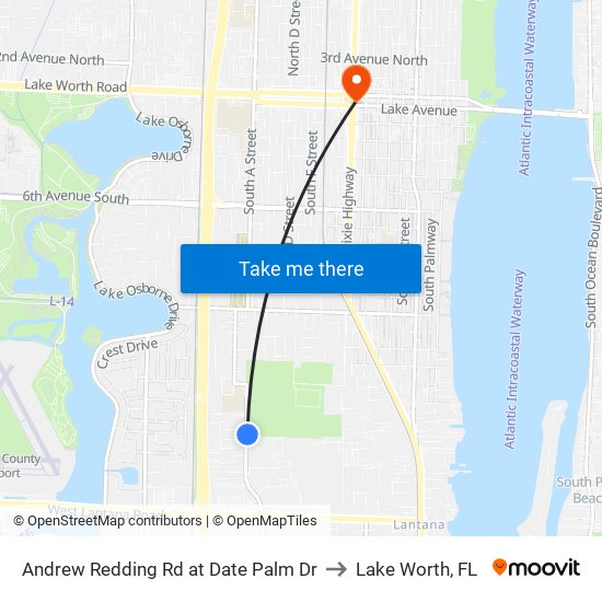 Andrew Redding Rd at Date Palm Dr to Lake Worth, FL map