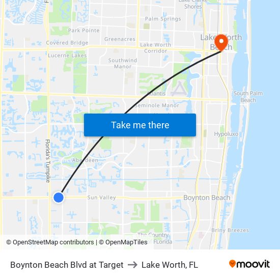 Boynton Beach Blvd at Target to Lake Worth, FL map