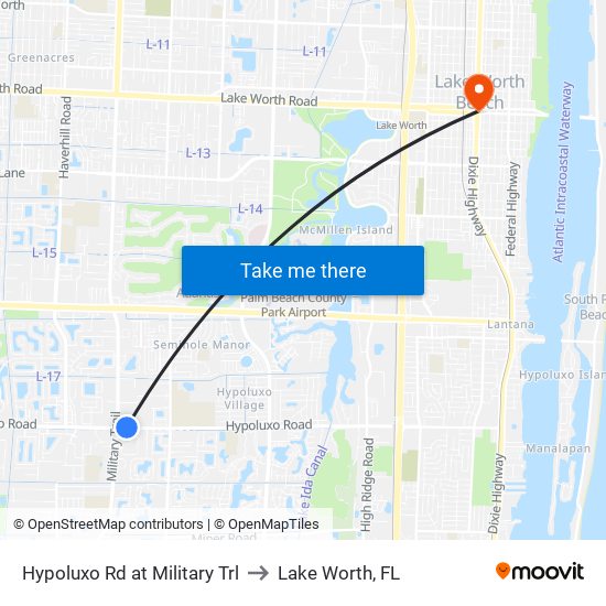 Hypoluxo Rd at Military Trl to Lake Worth, FL map