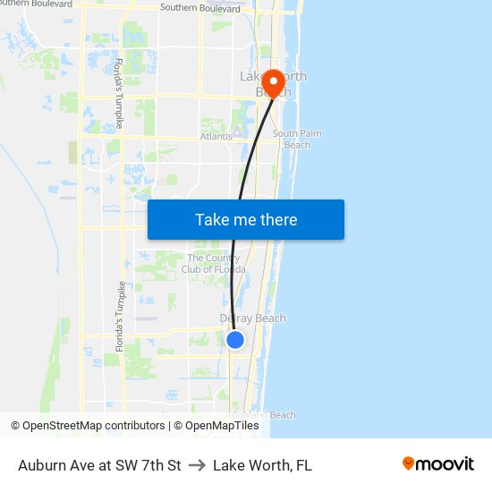 Auburn Ave at SW 7th St to Lake Worth, FL map