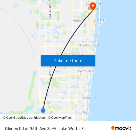 Glades Rd at 95th Ave S to Lake Worth, FL map