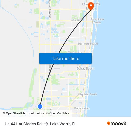 Us-441 at Glades Rd to Lake Worth, FL map