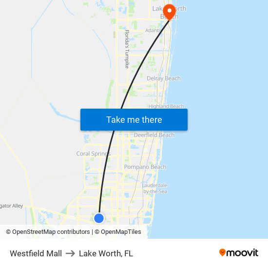 Westfield Mall to Lake Worth, FL map