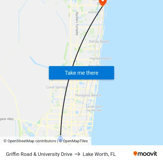 Griffin Road & University Drive to Lake Worth, FL map