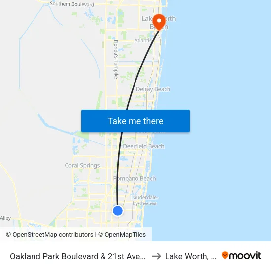 Oakland Park Boulevard & 21st Avenue to Lake Worth, FL map