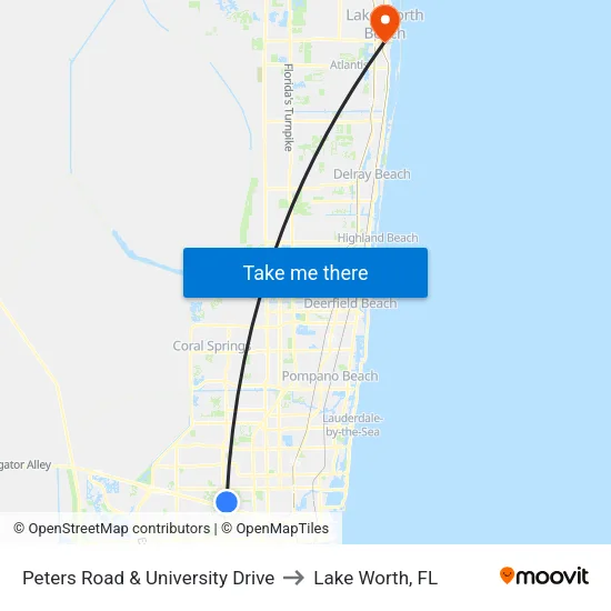 Peters Road & University Drive to Lake Worth, FL map
