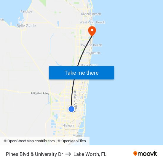 Pines Blvd & University Dr to Lake Worth, FL map