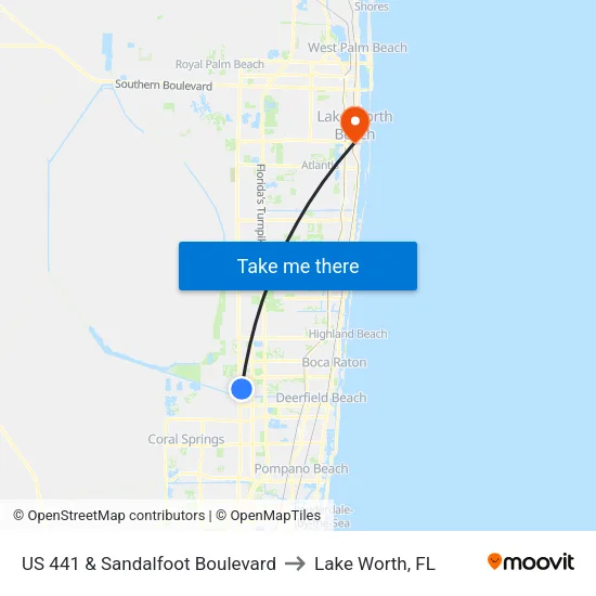 US 441 & Sandalfoot Boulevard to Lake Worth, FL map