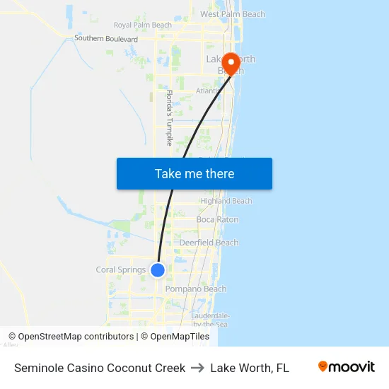 Seminole Casino Coconut Creek to Lake Worth, FL map
