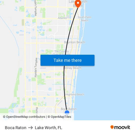 Boca Raton to Lake Worth, FL map