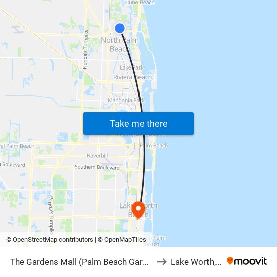The Gardens Mall (Palm Beach Gardens) to Lake Worth, FL map