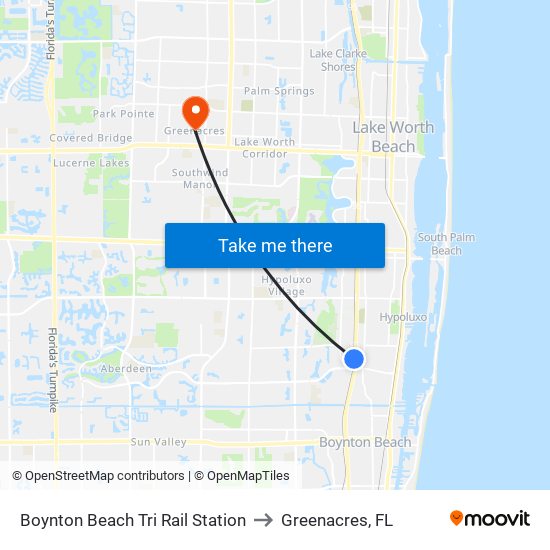 Boynton Beach Tri Rail Station to Greenacres, FL map