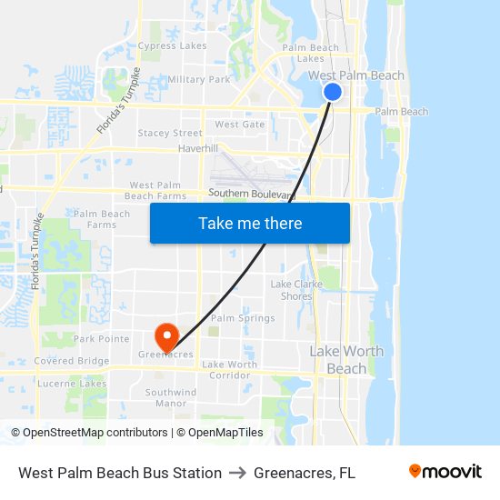 West Palm Beach Bus Station to Greenacres, FL map