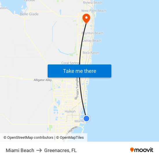 Miami Beach to Greenacres, FL map