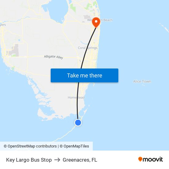Key Largo Bus Stop to Greenacres, FL map