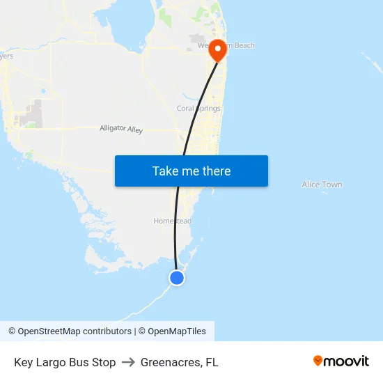 Key Largo Bus Stop to Greenacres, FL map