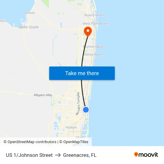 US 1/Johnson Street to Greenacres, FL map