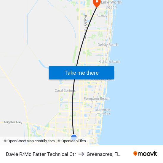 Davie R/Mc Fatter Technical Ctr to Greenacres, FL map