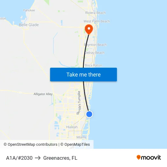A1A/#2030 to Greenacres, FL map