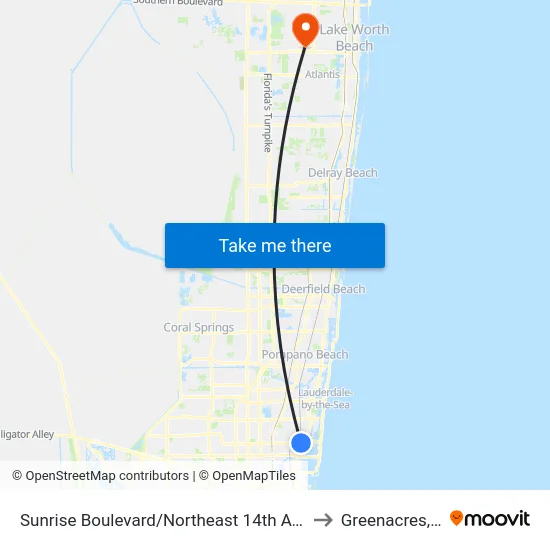 Sunrise Boulevard/Northeast 14th Avenue to Greenacres, FL map