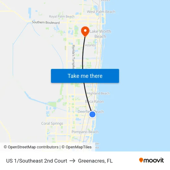 US 1/Southeast 2nd Court to Greenacres, FL map