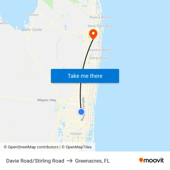 Davie Road/Stirling Road to Greenacres, FL map