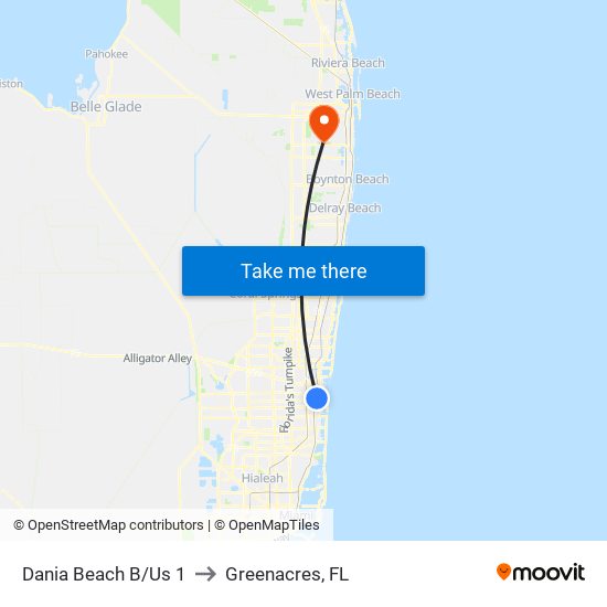 Dania Beach B/Us 1 to Greenacres, FL map