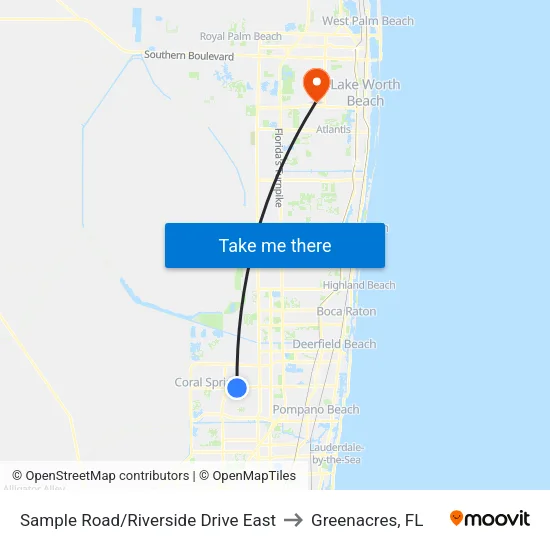 Sample Road/Riverside Drive East to Greenacres, FL map