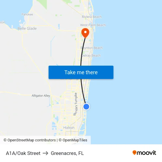A1A/Oak Street to Greenacres, FL map