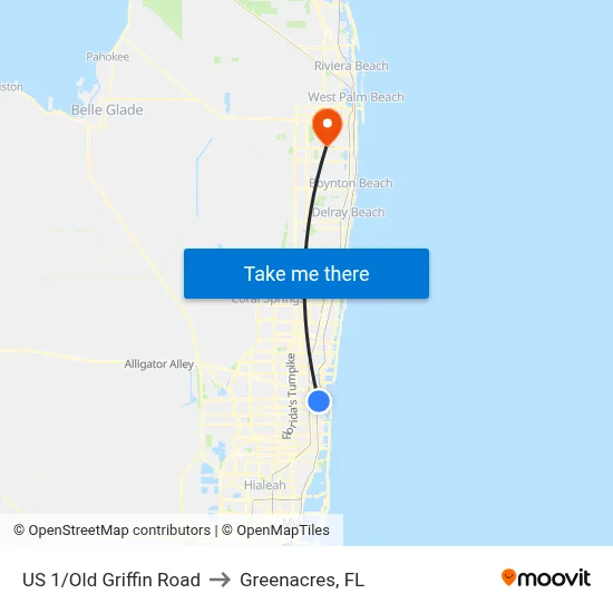 US 1/Old Griffin Road to Greenacres, FL map