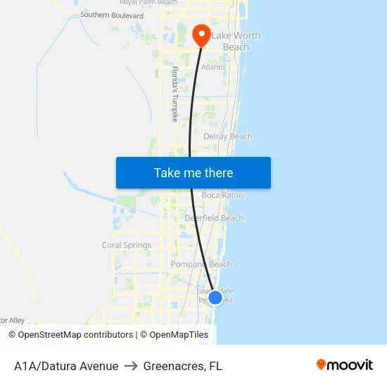 A1A/Datura Avenue to Greenacres, FL map