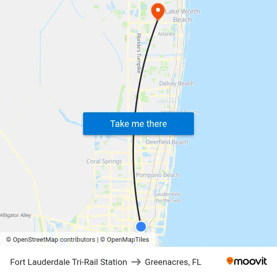 Fort Lauderdale Tri-Rail Station to Greenacres, FL map