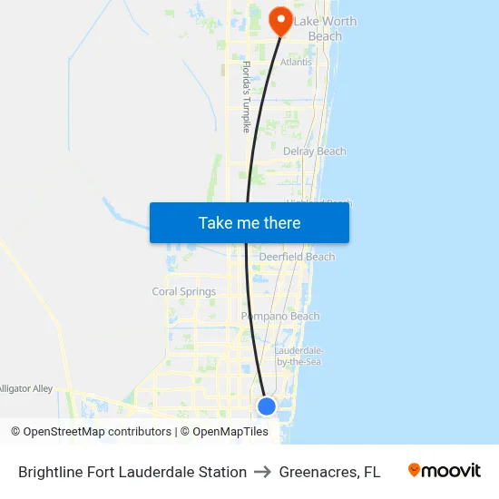 Brightline Fort Lauderdale Station to Greenacres, FL map
