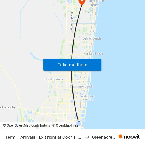 Term 1 Arrivals - Exit right at Door 114 - Zone B to Greenacres, FL map