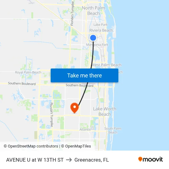 AVENUE U at W 13TH ST to Greenacres, FL map