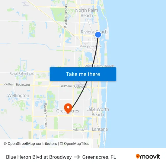 Blue Heron Blvd at Broadway to Greenacres, FL map