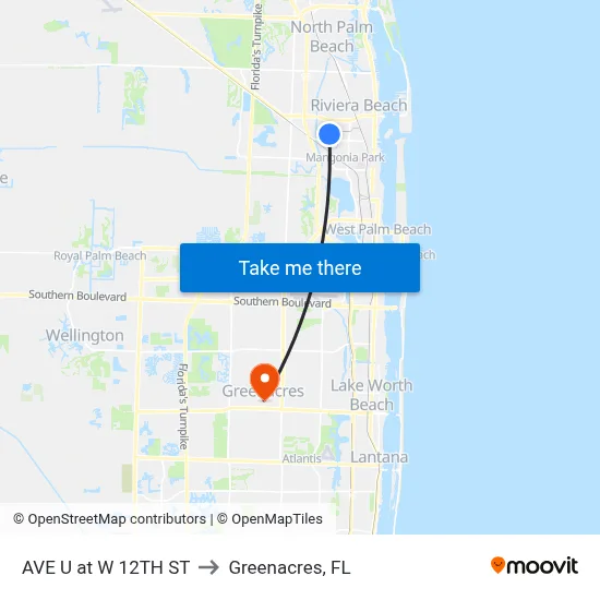 AVE U at W 12TH ST to Greenacres, FL map