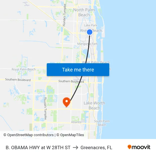 B. OBAMA HWY at  W 28TH ST to Greenacres, FL map